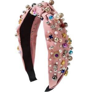 Pink Knotted Headband with Faux Pearls & Rhinestones